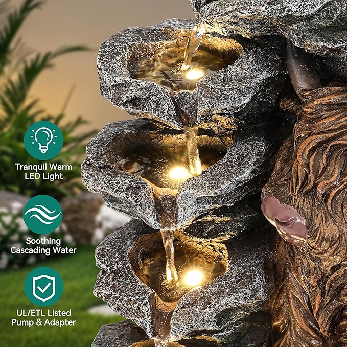 19" Highland Cow Outdoor Fountain, 5-Tier Charming Water Feature with LED Lights, Pastoral Resin Soothing Cascading Waterfall for Patio, Backyard, Garden or Porch