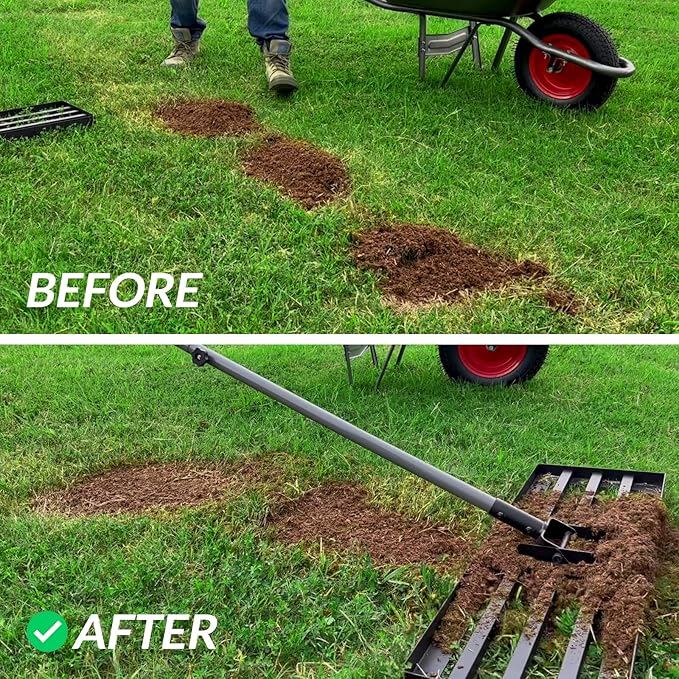 Walensee Lawn Leveling Rake, 17"x10" Heavy Duty Lawn Leveler Tool with 6.5FT Steel Handle, Levelawn Landscape Rake for Topdressing, Soil, Sand, Dirt, Small Yard, Garden, Golf Course