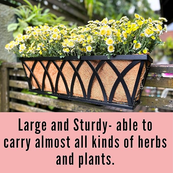 LaLaGreen Wall Planters (2 Pack, 36 Inch) Black Metal Rectangular Hanging Window Planter Box with Coco Liner Attach House Outdoor, Flower Basket Plant Holder Deck Railing Patio Porch Balcony Fence