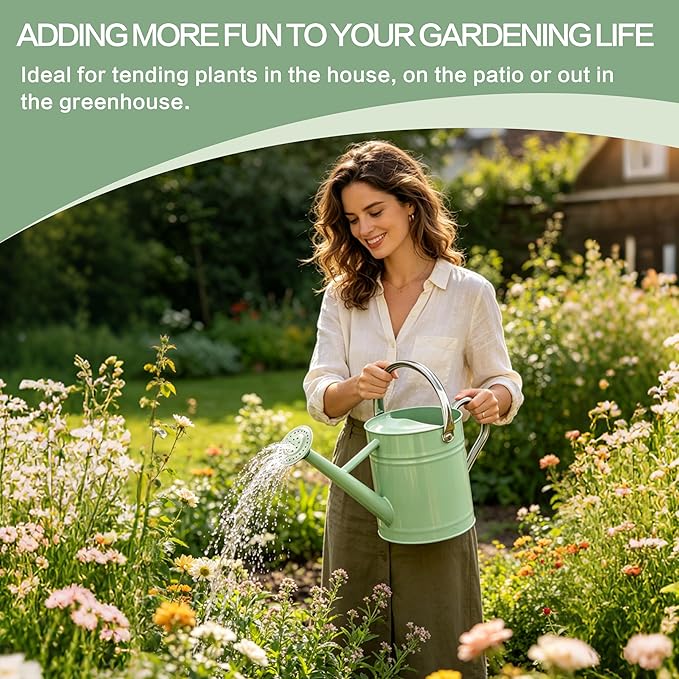 Metal Watering Can for Outdoor and Indoor Plants, Watering Can Decor, 1 Gallon (Cream Green)