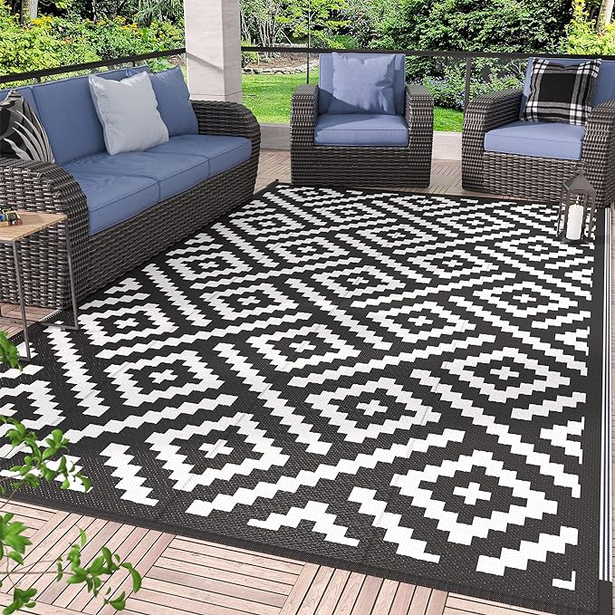 GENIMO 5'x8' Outdoor Rug Waterproof, Reversible Mats, Outdoor Area Rug, Plastic Outside Carpet, Geometric Rv Mat for Patio Camping Rv Picnic Backyard Deck Balcony Porch Beach Trailer (Black & White)