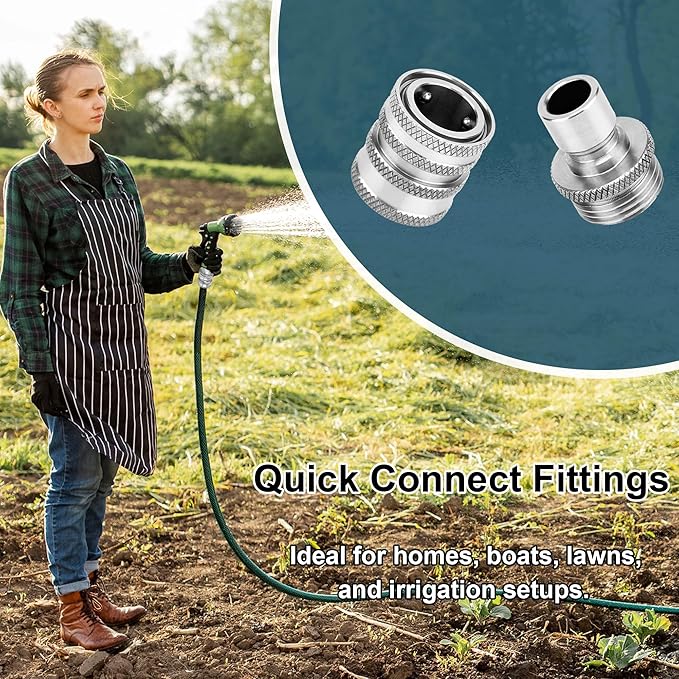 POWER TOWN Quick Connect Hose Fittings, Garden Hose Quick Disconnect Set, Universal Fit 3/4 Inch GHT Stainless Steel, Water Hose Connector, 3 Pack
