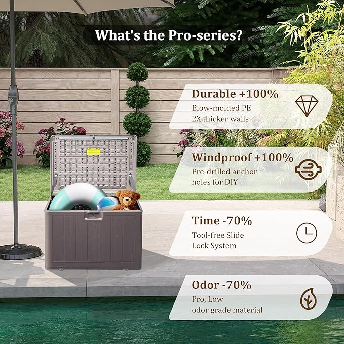 TARKARI 80 Gallon Deck Box,Outdoor Storage Box Lockable,Waterproof for Patio Furniture, Garden Tools, Pool Accessories, Package Delivery Boxes For Outside, Brown