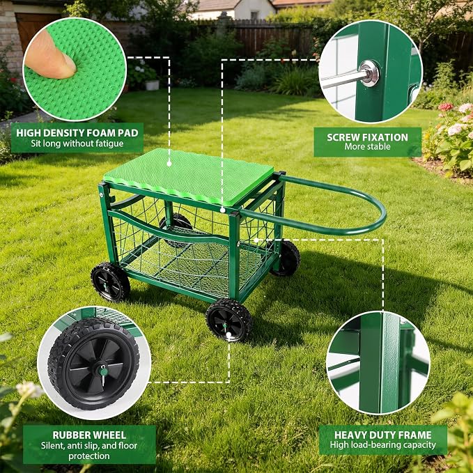 Garden Rolling Work Seat with Wheels, Padded Foam Cushion, Wire Mesh Storage Basket, Steel Frame, Hold Max. 350Lbs