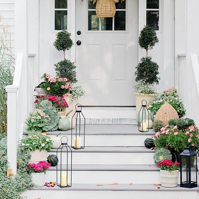 Perfnique Modern Farmhouse Lanterns, Set of 3 Black Metal Lanterns w/ 6hr Timer Flickering Flameless Candles, Decorative for Outdoor Decor, Front Porch, Indoor, Patio, Garden, Fireplace, Christmas
