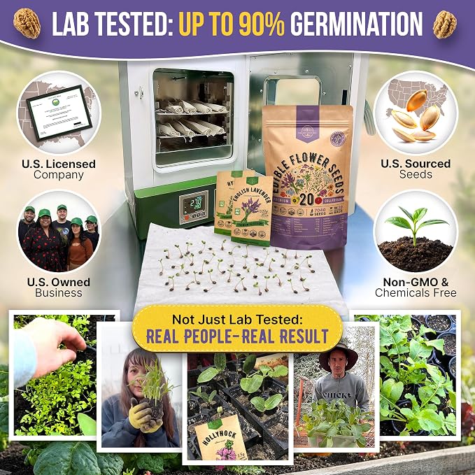 Organo Republic 20 Edible Flower Seeds Variety Pack- Indoor/Outdoor. 7000+ Non-GMO Heirloom: Borage, Bergamot, Nasturtium, Chives, Cape Daisy, Hyssop, Zinnia Seeds & More