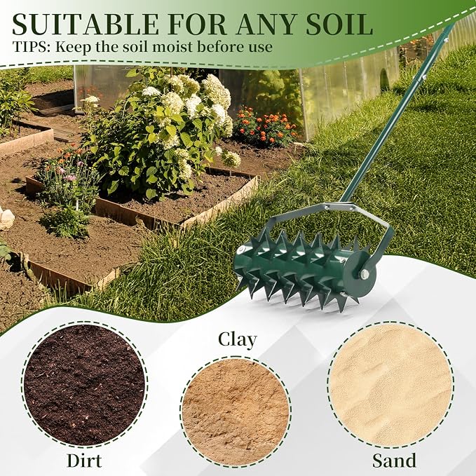 Rolling Lawn Aerator, Manual Lawn Aerators, Ergonomic Design, W-Shaped Blade, 15.75" Yard Aerator Roller with 3-Section Handle, Easy to Assemble, Heavy Duty Rotary Push Spike Aeration Tool, Green