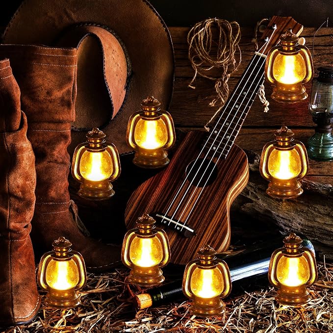Ferraycle 12 Pcs Mini Lantern Decor 4 Inch Western Lantern Table Centerpiece Small Vintage Camping Hanging Lamp Ornaments Bulk for Cowboy Cowgirl Wedding Halloween Christmas (4 Inch,Retro Gold)