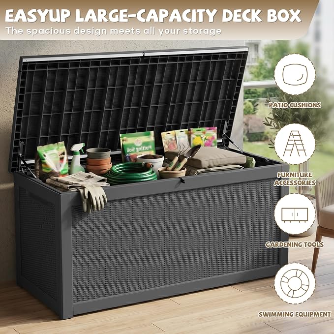 EasyUp 320 Gallon Deck Box, Large Deck Box for Indoor and Outdoor,Waterproof Storage Boxs for Patio Furniture,Garden Tools,Cushions, Lockable and UV Resistant,Easy to Install(Black)