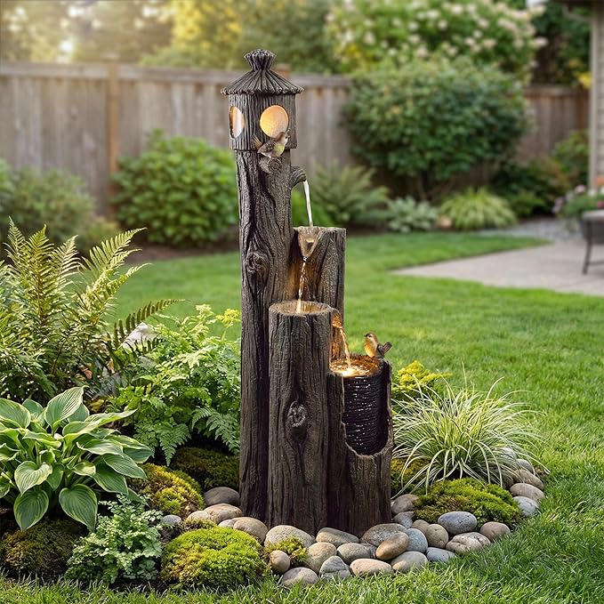 42-Inch Outdoor Water Fountain, 4-Tier Resin Birdhouse Waterfall Fountain with 4 Warm LED Lights, Rustic Tree Trunk Design, Home Decor for Garden, Porch, Deck, Yard, Patio, Lawn in Black