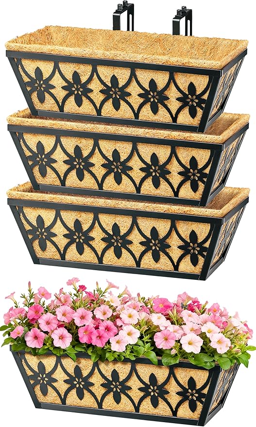 16 Inch Window Boxes Planters Railing Planter Box - 4 Pack Deck Railing Planter Boxes with Adjustable Brackets Coco Liners Balcony Planters Railing Hanging for Window Flower Boxes Outdoor Garden Decor
