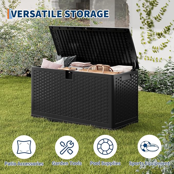 IDEALHOUSE 73 Gallon Resin Deck Box, Waterproof Outdoor Storage Box with Lockable Lid & UV Resistant, Patio Furniture Cushion Storage Container for Garden, Backyard, Poolside (Black)