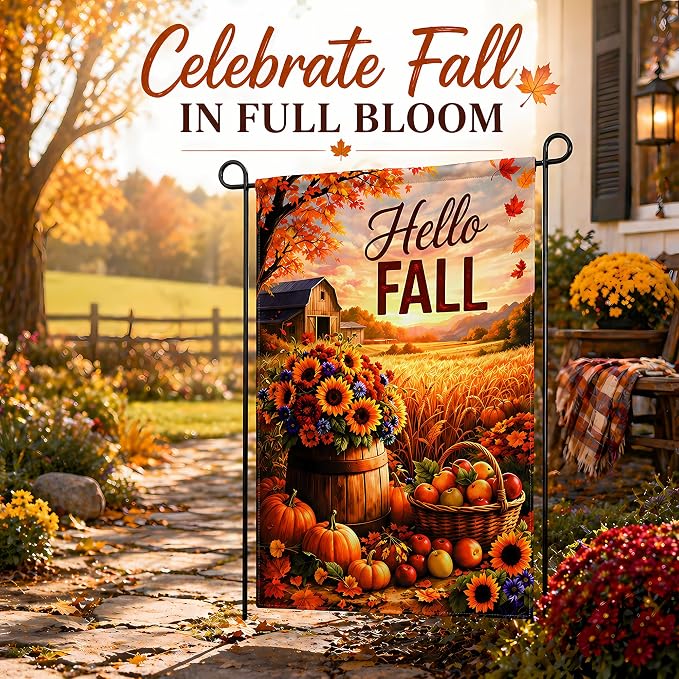 Fall Decor - Hello Fall Garden Flag | Double-Side Autumn Decor for Outdoor Indoor Outside Home - Thanksgiving Friendsgiving Decorations Banner for Garden Porch Patio Lawn Yard Party Favors Supplies