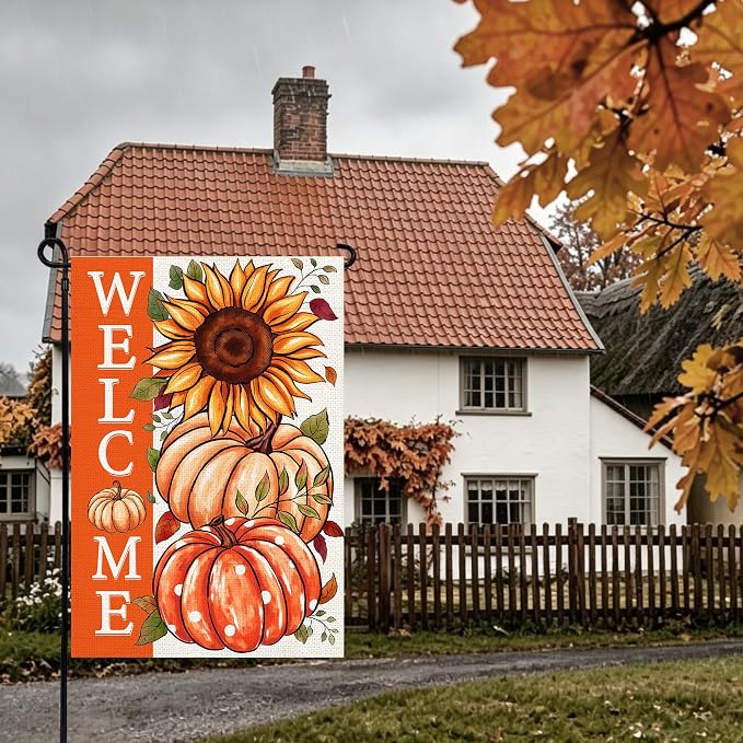 Sunflower Pumpkin Garden Flag 12x18 Inch, Double Sided Autumn Thanksgiving Burlap Flag for Yard Outdoor Decoration