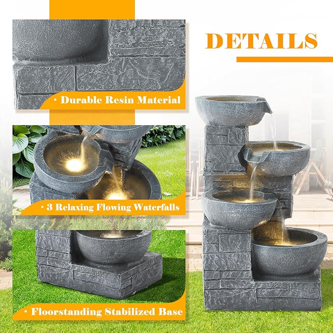 4-Tier Outdoor Garden Water Fountain, 22" H Modern Resin Cascading Bowls Fountain with LEDs and Pump, Freestanding Fountains and Waterfalls for Yard, Porch and Patio Indoor Decor (Grey)