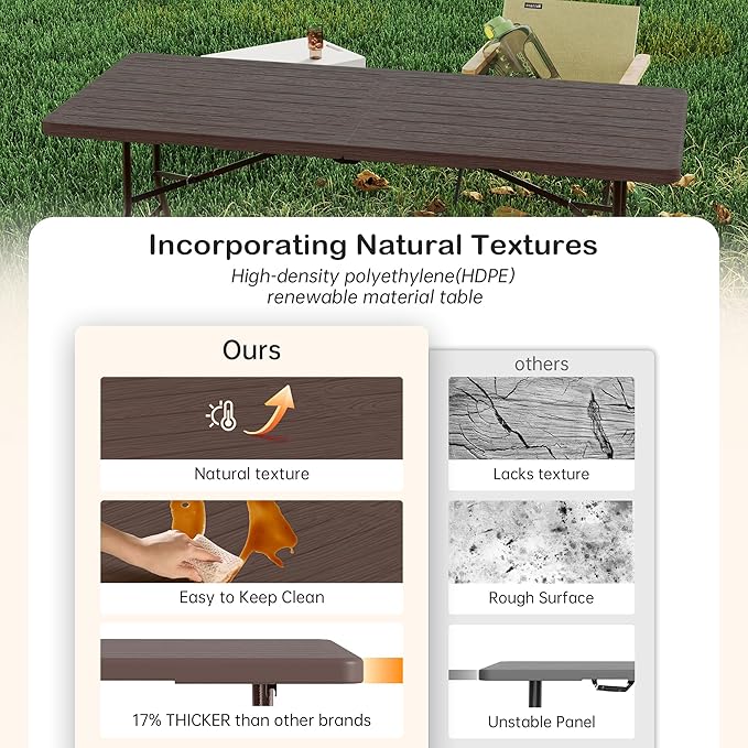 VSOAEIL Set of 2 6 Foot Folding Table for Indoor Outdoor, Portable Heavy Duty Fold-in-Half Utility Plastic Foldable Dining Table with Carrying Handle for Picnic, Camping and Party, 2 Pack Brown
