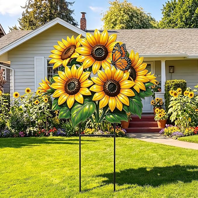 Amyhill Summer Sunflower Metal Garden Stake 20 Inch Sunflower Welcome Yard Sign Decoration Outdoor Sunflowers Decorative Garden Stake for Home Outside Lawn Patio Walkway Backyard Porch Decor