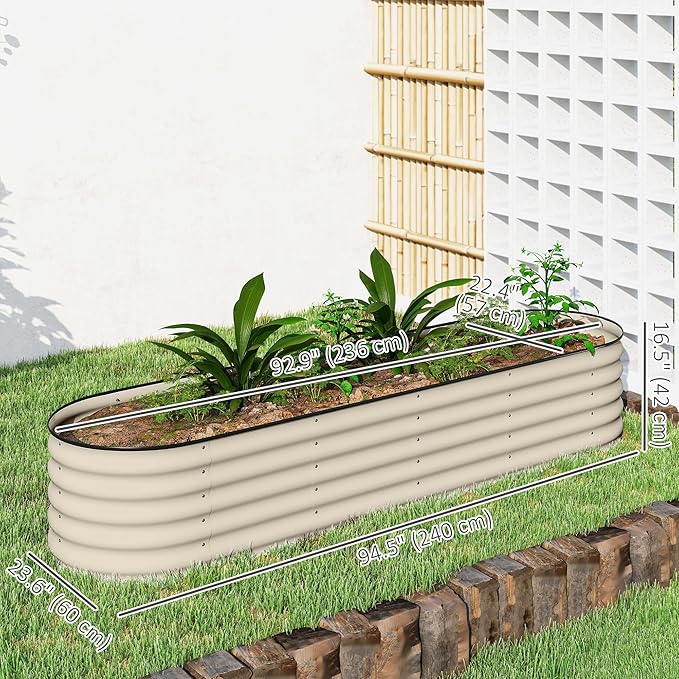 Outsunny 8' x 2' x 1.4' Galvanized Raised Garden Bed Kit, Outdoor Metal Elevated Planter Box with Safety Edging, Easy DIY Stock Tank for Growing Flowers, Herbs & Vegetables, Cream