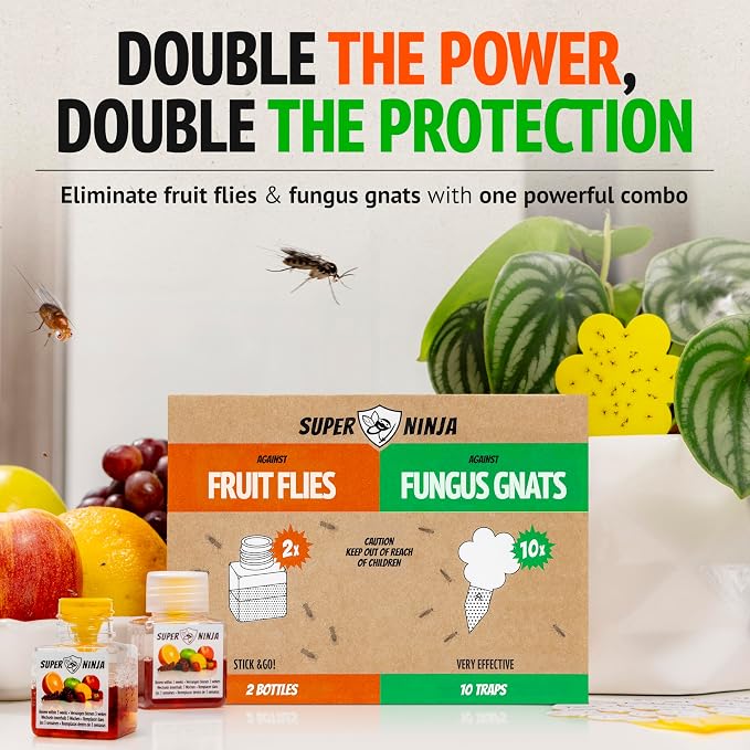 Super Ninja Gnat Traps for House Indoor - Fungus Gnat & Fruit Fly Traps - 10 Sticky Traps for Plants & 2 Highly Effective Fruit Fly Catchers for Indoors, Kid & Pet Friendly