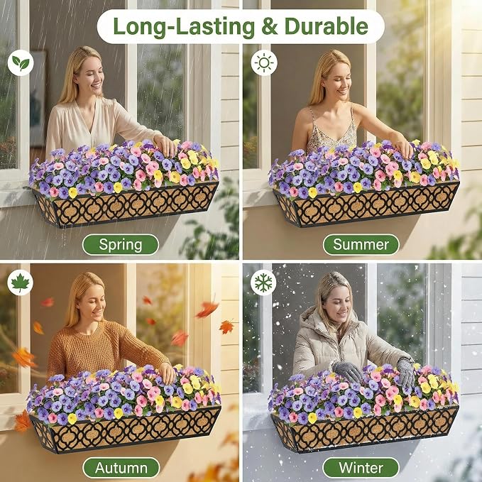 Y&M 4Pcs 30'' Railing Planter Box Set with Coconut Coir Liner, Flower Boxes with Adjustable Brackets, Large Metal Hanging Window Boxes for Fence, Deck, Balcony, and Outdoor Garden