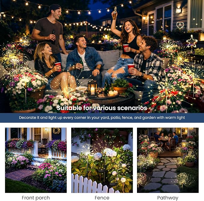 Solar Lights Outdoor, 120LED 2pack Fairy Garden Lights Decor for Outside Fireworks Lights Solar Powered for Yard, Patio, Pathway, Walkway, Balcony, Warm White