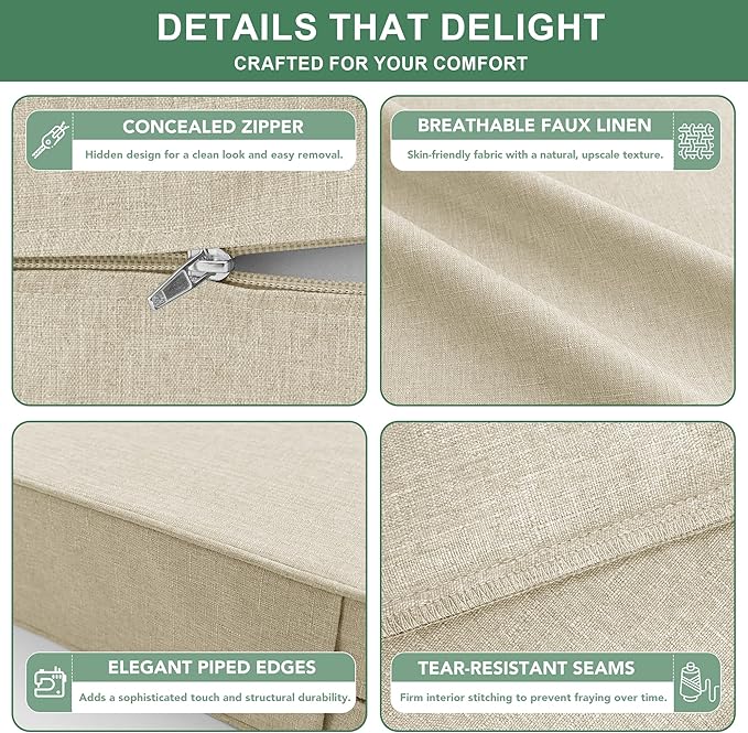 Summsun Patio Chair Cushions Set of 2, Faux Linen Outdoor Furniture Cushions, Water Resistant Backrest and Seat Cushion Set with Ties, Removable Cover, Non-Slip Bottom, 19 x 19 Inch, Beige