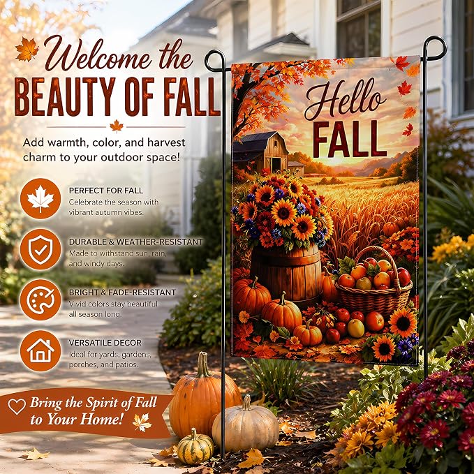Fall Decor - Hello Fall Garden Flag | Double-Side Autumn Decor for Outdoor Indoor Outside Home - Thanksgiving Friendsgiving Decorations Banner for Garden Porch Patio Lawn Yard Party Favors Supplies