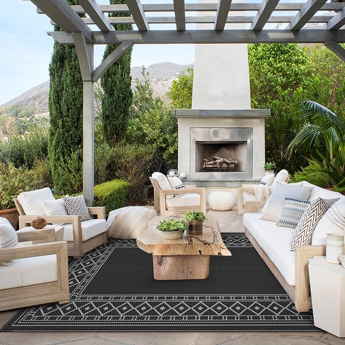 GENIMO Outdoor Rug Waterproof 6'x9' for Patio, Foldable Reversible Plastic Straw Carpet for Travel Trailers, Outside Area Mat for Rv, Deck, Picnic, Porch, Camper, Balcony, Beach, Black & Grey