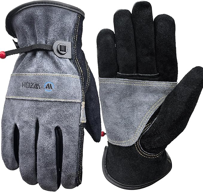 WZQH Leather Work Gloves for Men or Women. Medium Glove for Gardening, Tig/Mig Welding, Construction, Chainsaw, Farm, Ranch, etc. Cowhide, Cotton Lined, Utility, Firm Grip, Durable. Grey-Black M