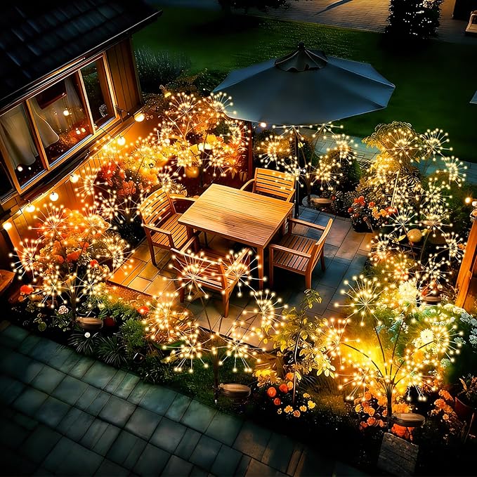 JJGoo 2 Pack Solar Garden Lights Outdoor Waterproof, New Upgraded 6 Branches Firework Starburst Lights with 2 Modes, Solar Fairy Lights for Yard Garden Patio Pathway Party Decor - Warm White