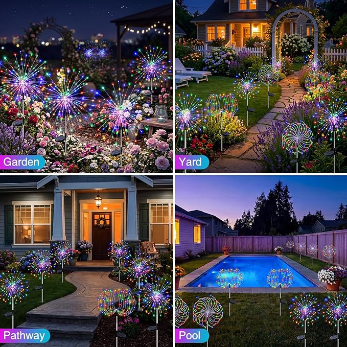 btfarm 10 Pack Solar Garden Lights Outdoor, 8 Modes Firework Lights Solar Powered, Waterproof Twinkle Fairy Light Outside for Yard Patio Pathway Pool Christmas Party Decorative, Multicolor