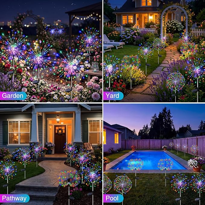 btfarm 2 Pack Solar Garden Lights Outdoor 8 Modes, 120 LED Firework Lights Solar Powered, Waterproof Twinkle Fairy Light Outside for Yard Pathway Lawn Pool Patio Christmas Decorative, Multicolor