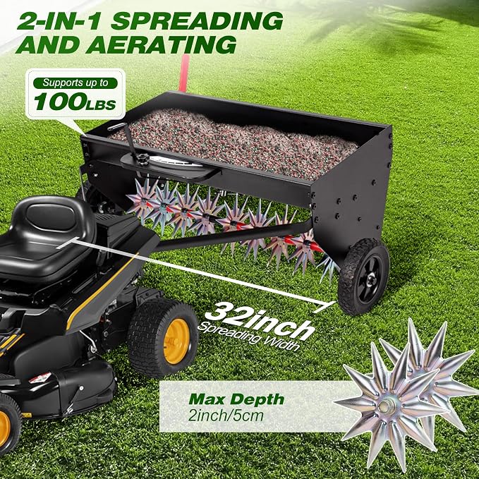 Suchtale Upgrade 40-Inch Tow Behind Spiker Seeder,Combination Tow Spike Aerator,Broadcast Spreader,Steel Hopper Lawn Drop Seed Fertilizer and Spreader,Lawn Soil Aerator Spikes Tractor