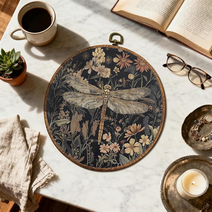 DOFQZ Vintage Boho Floral Dragonfly Round Wall Art Decor, Dark Cottagecore Botanical Wildflower Framed Canvas Hanging Art for Bedroom Living Room Home Decor, 10x10