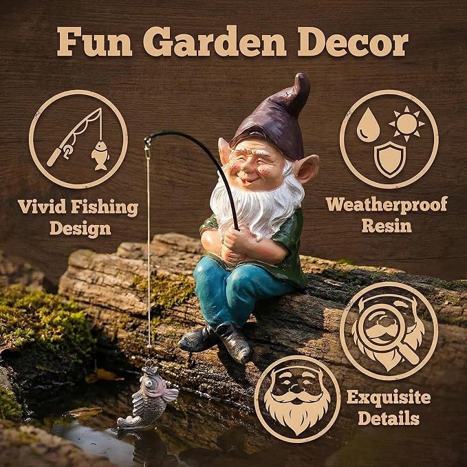 Garden Gnomes Outdoor Statue, Gnome Decorations for Yard 9.7'' Fishing Gnome Statue Outdoor Garden Decor, Fishing Guy for Waterfalls or Koi Pond Decor, Gifts for Women, Mom or Birthdays