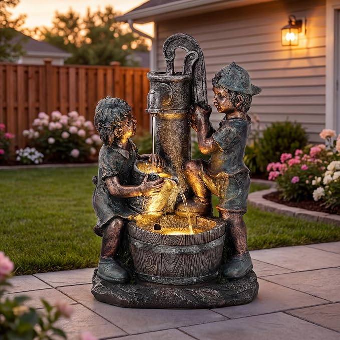 26" Outdoor Fountain, 3-Tier Boy-Girl Playing with Faucet Water Feature with LED Lights, Antique Resin Soothing Cascading Waterfall for Patio, Backyard, Garden or Porch