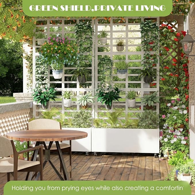 Metal Planter Box with Trellis for Climbing Plants, 74.8"x35.83"x15.16" Raised Garden Bed with Privacy Screen, Outdoor Planter with Drainage Holes, White
