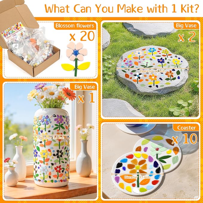 LOTOFUN Mosaic Tiles for Stepping Stones: 610g Vibrant Mosaic Tiles for Crafts Bulk with Petals Centers Leaves Stem Decorative Ceramic Flowers Mosaic Supplies for DIY Garden Decor- Crafts for Adults
