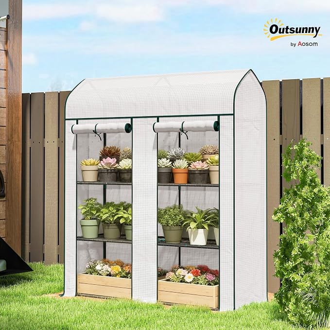 Outsunny 3 Tier Mini Greenhouse, 56.3" x 18.1" x 65" Small Portable Greenhouse with 2 Roll-up Doors, Garden Plant Growhouse with PE Cover for Indoor Outdoor, White