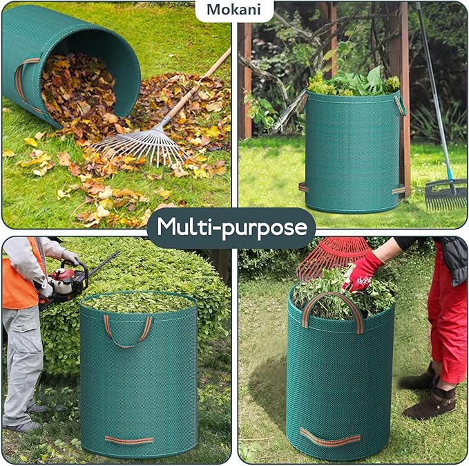Mokani Reusable Yard Waste Bags, 32 Gallon Lawn and Leaf Bags 3 Packs, Heavy Duty Garden Bags with Reinforced Handles, Camping Yard Recycling Leaf Bag for Leaves