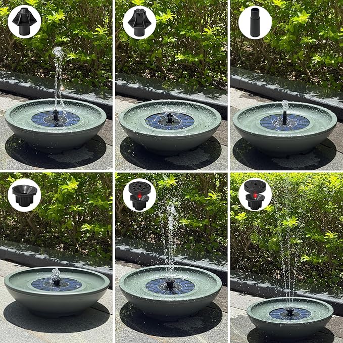 Solar-Powered Birdbath Water Fountain with 6 Bubbler Spray in 4" Height Freestanding Bird Playing Bowl for Garden, Patio, Yard, Balconies and Lawns