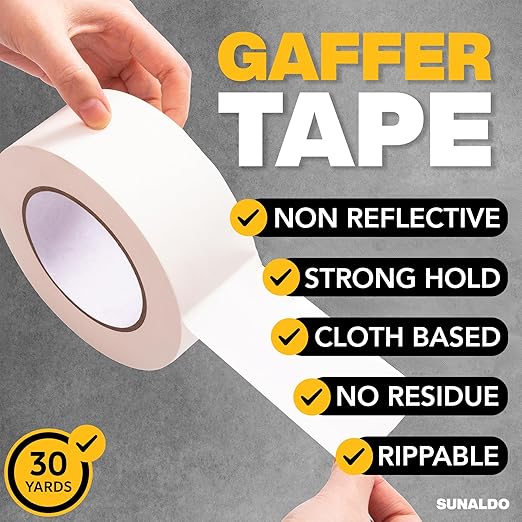 Gaffers Tape Heavy Duty, Easy to Rip, Residue-Free Professional Grade Floor Tape for Electrical Cords, Matte Finish Non Reflective, Weather Resistant (1, White, 2" x 30 Yards)