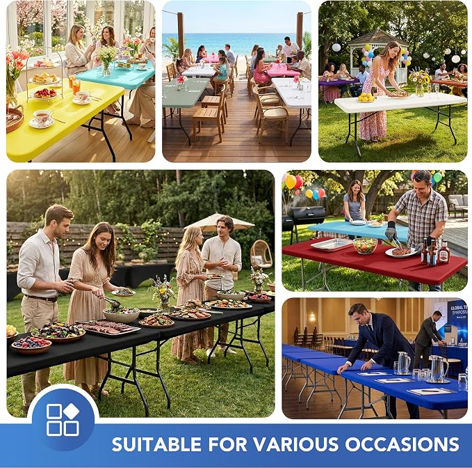 Fitted Tablecloth for 8 Foot Rectangle Tables-4 Pack Red Elastic Outdoor Picnic Table Cover-Spandex Stretch Christmas Table Cloths 8ft for Camping Dining Room Patio Kitchen Banquet Party