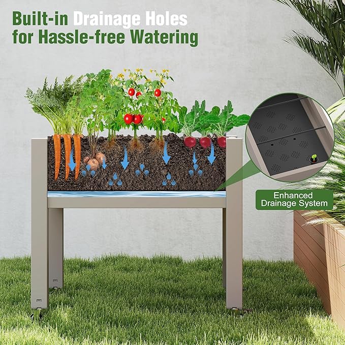 Elevated 26.3" Tall Raised Garden Bed with Wheels - Outdoor Mobile Resin Planter Box with Drainage Holes for Vegetables Flower Herbs, Weather Resistant, Light Brown (26.3" h)