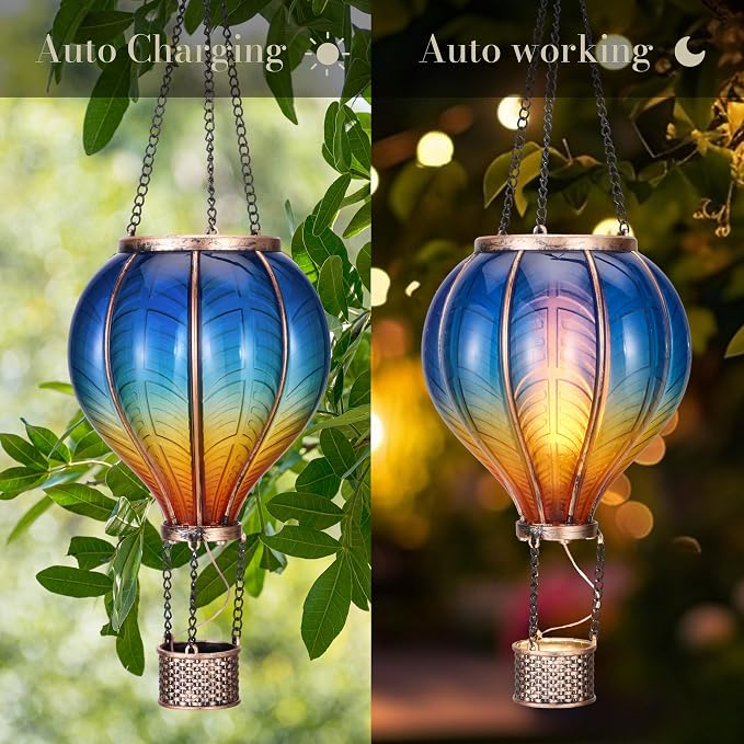 TERESA'S COLLECTIONS Hot Air Balloon Lantern for Garden Decor ,Flickering Flame Hanging Light for Outdoor ,Blue & Yellow Plastic Lamp for Yard Tree Gift for Mom