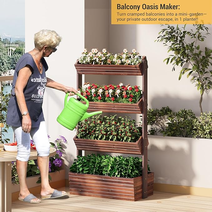 Garden Bed Vertical Wooden Raised Garden Bed Planters Wood Planter Kit Plant Stand Flower Rack Planter Box Gardening Plants Herbs Flowers Vegetables Outdoor Indoor Freestanding (Carbonized 4-Tier)