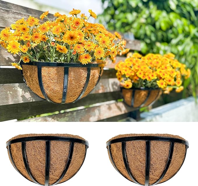LalaGreen Wall Planters (2 Pack, 12 Inch) Black Metal Deck Railing Planter with Coco Liners, Wall Plant Holder Window Basket Flower Pots for Outdoor Plants, Horse Trough Fence, Balcony, Garden, Patio