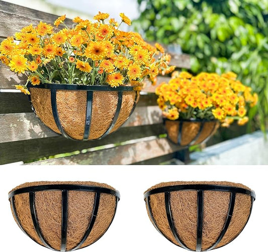 LalaGreen Wall Planters (2 Pack, 12 Inch) Black Metal Deck Railing Planter with Coco Liners, Wall Plant Holder Window Basket Flower Pots for Outdoor Plants, Horse Trough Fence, Balcony, Garden, Patio