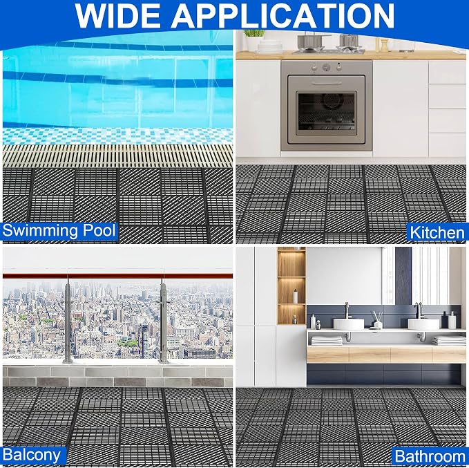 MYFAMIREA Modular Interlocking Cushion 12 Pack 11.8" x 11.8" Rubber Floor Tiles Non-Slip Splicing Drainage Mats for Deck, Pool, Shower, Patio, Balcony, Bathroom, Kitchen, Yard (2 Rows Dots, Black)