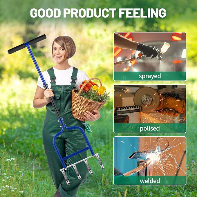 Spike Tine Fork Lawn Aerator – 4 Stainless Steel Cut Pipe Spikes Manual Gardening Hand Tool - Grass Dethatcher Aerator Lawn Tool with Solid Tines for Compacted Soil - Lawn Plugger Aerator.